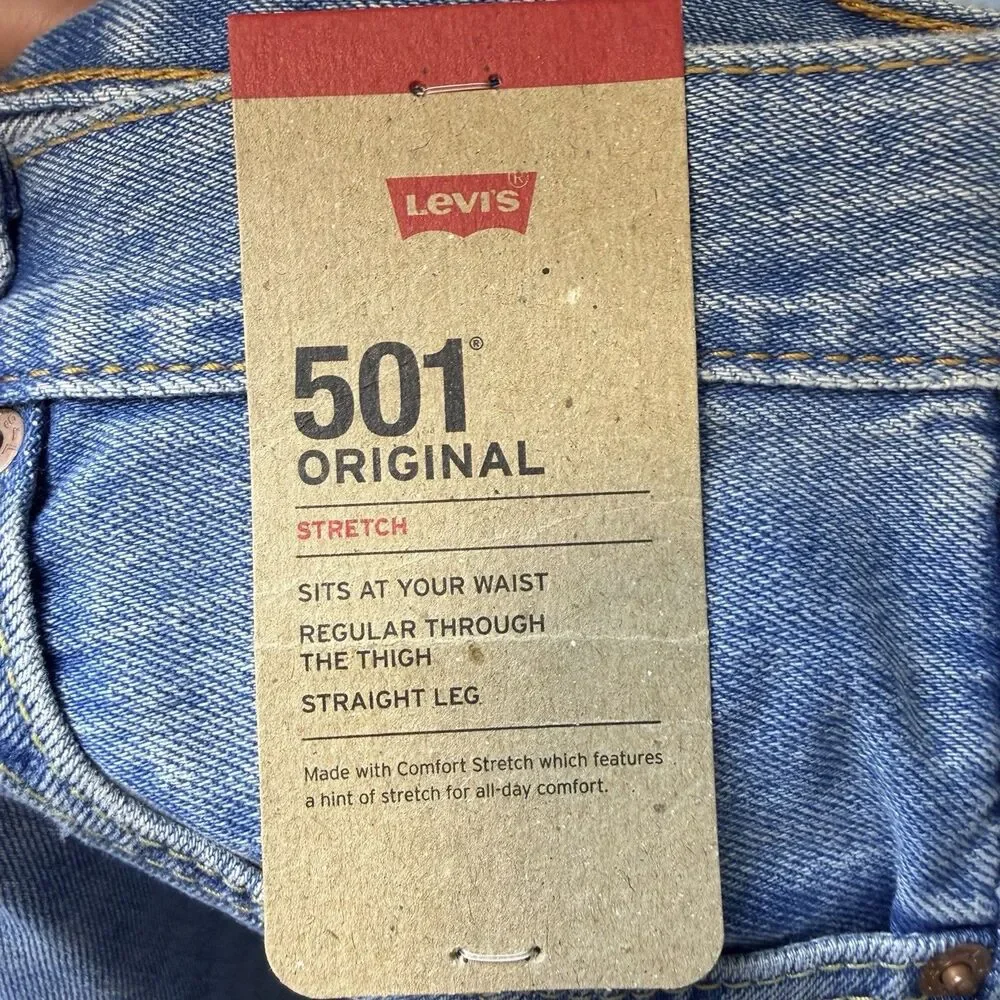 NWT Levi's 501 Original Men Jeans Blue Straight Leg Button Fly 36x30(28) Stretch